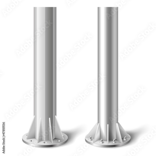 Set of metal poles. Realistic 3d metal columns. Steel pipes. Template design for urban advertising