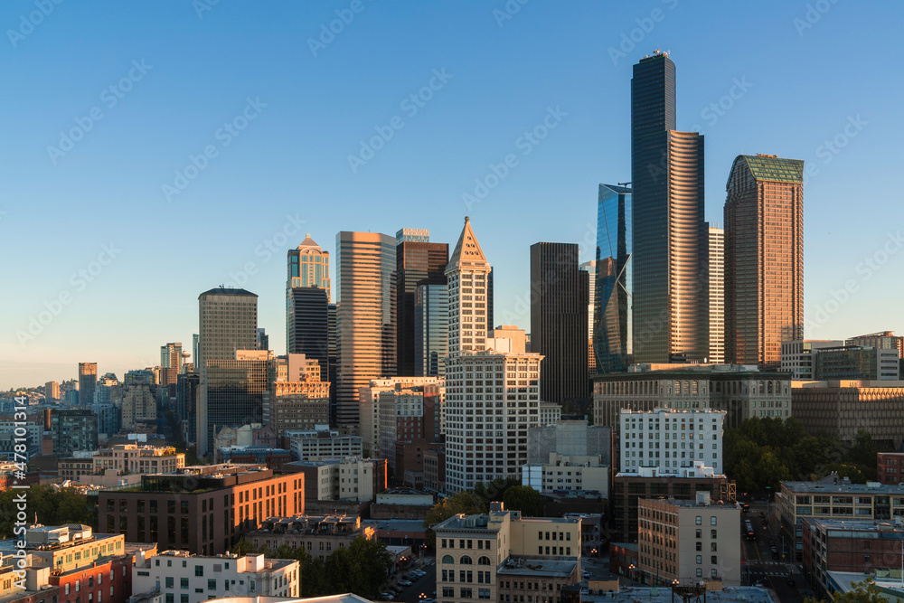 Seattle aerial skyline panorama of downtown skyscrapers at sunrise, Washington USA.