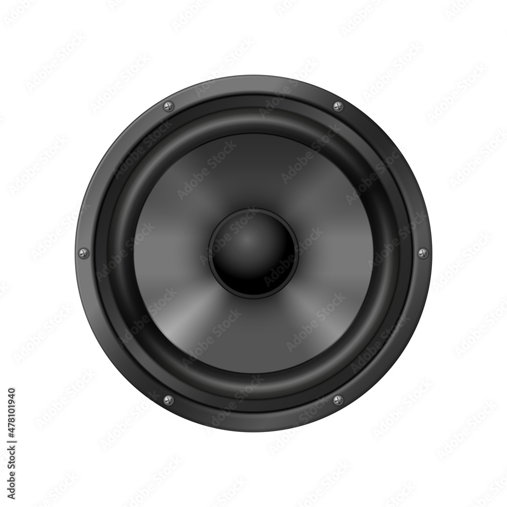 Acoustic speaker icon realistic for stereo box isolated on white background. Sound equipment - obrazy, fototapety, plakaty 
