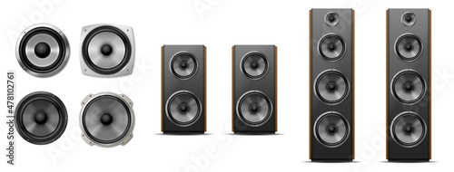 Set of different sound speakers, subwoofer, acoustic audio for concert or home cinema stereo system photo