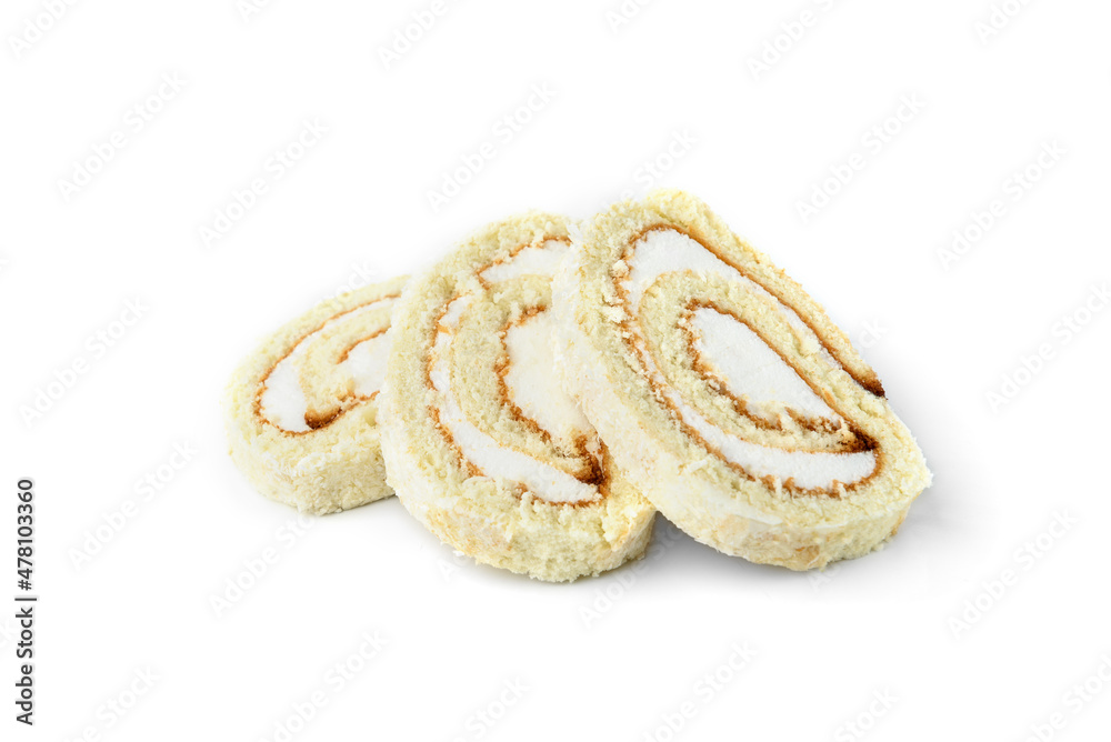 Coconut sponge cake roll biscuit isolated on white background. Coconut sponge cake roll biscuit isolated on white background.