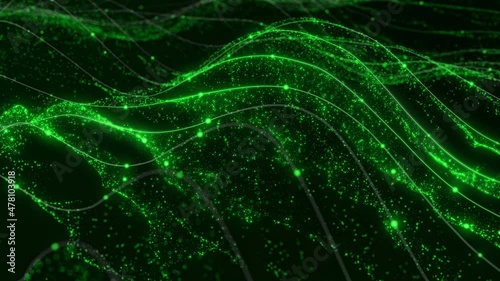 Abstract technological green particle wave background concept. Transferring of server, big data, block chain, internet. Loop video. 3d rendering