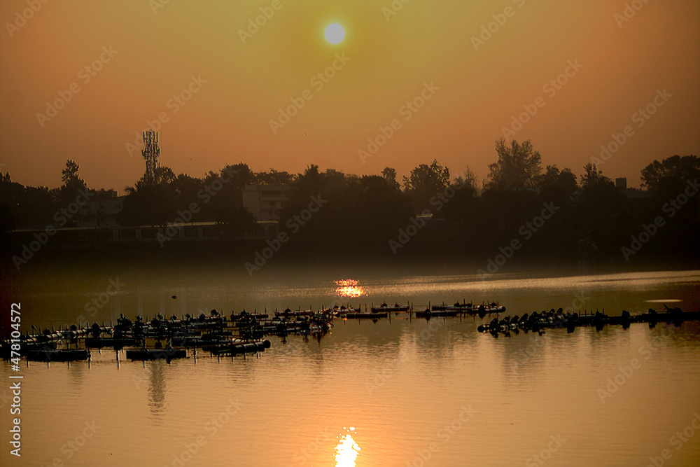 Naklejka premium Bird valley lake near Pune. Beautiful background of bird valley. Scenic photo. Sunrise photo.