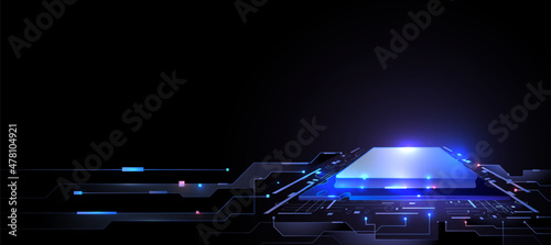 Futuristic blue circuit technology poster. AI processing with glowing lines innovation