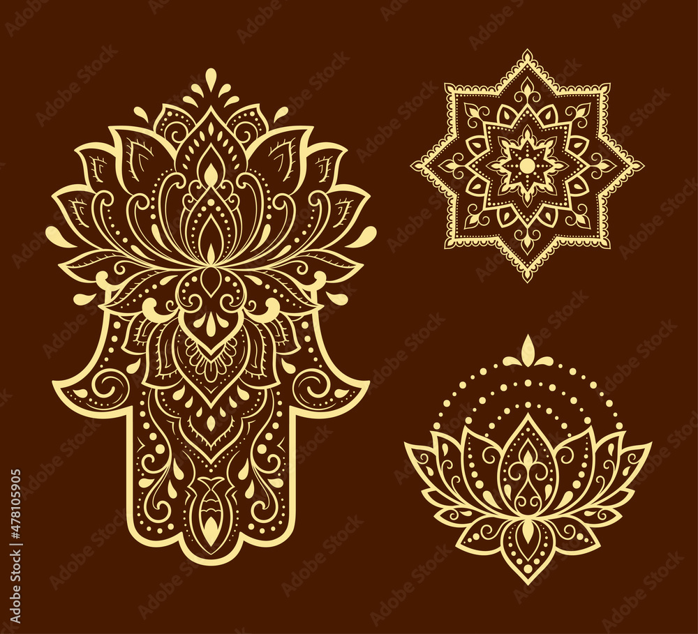 Set of Hamsa hand drawn symbol, lotus flower. Decorative pattern in oriental style for interior decoration and henna drawings. The ancient sign of 