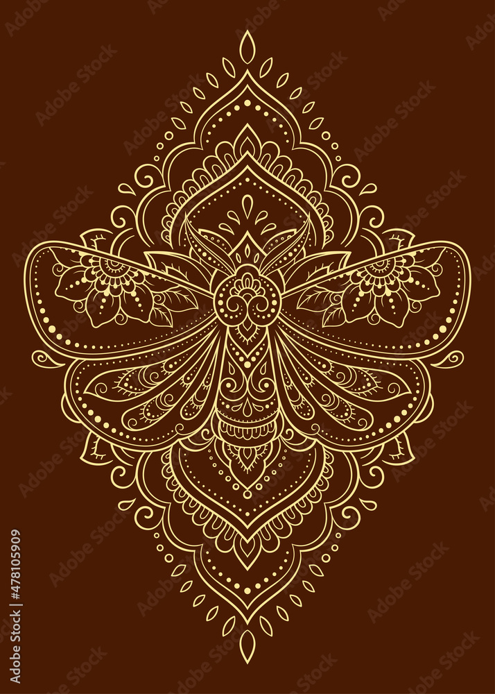 Moth decorated with Indian ethnic floral vintage pattern. Hand drawn decorative insect in doodle style. Stylized mehndi ornament for tattoo, print, design for room, cover, book and coloring page.