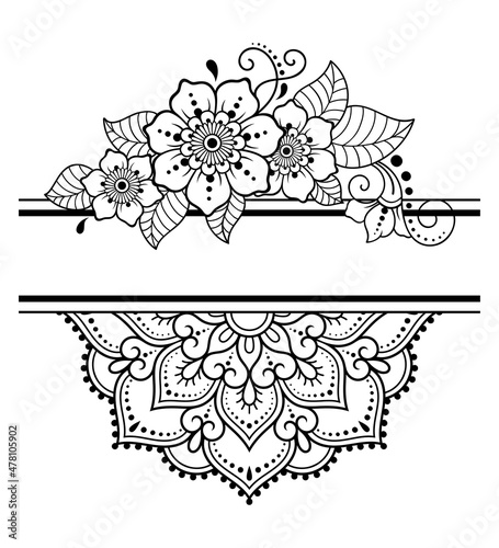 Frame in eastern tradition. Stylized with henna tattoos decorative pattern for decorating covers for book, notebook, casket, magazine, postcard and folder. Flower mandala in mehndi style.