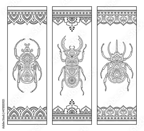 Bookmark for book - coloring. Set of black and white labels with floral and bug doodle patterns, hand draw in mehndi style. Sketch of ornaments for creativity of children and adults with colored pen.