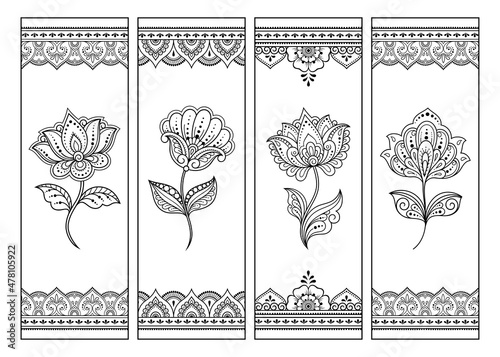 Bookmark for book - coloring. Set of black and white labels with floral doodle patterns, hand draw in mehndi style. Sketch of ornaments for creativity of children and adults with colored pencils.