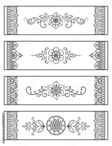 Bookmark for book - coloring. Set of black and white labels with floral doodle patterns, hand draw in mehndi style. Sketch of ornaments for creativity of children and adults with colored pencils.