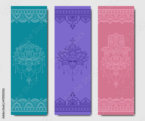 Set of design yoga mats. Lotus floral and mandala pattern in oriental style for decoration sport equipment. Colorful ethnic Indian ornaments for spiritual serenity. Decor of card, poster, print.