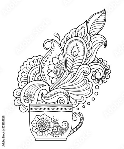 Stylized with henna tattoos decorative pattern in form of cup of coffee for decorating covers for book, notebook, casket and magazine. Flower in mehndi style in eastern tradition. Coloring book page.
