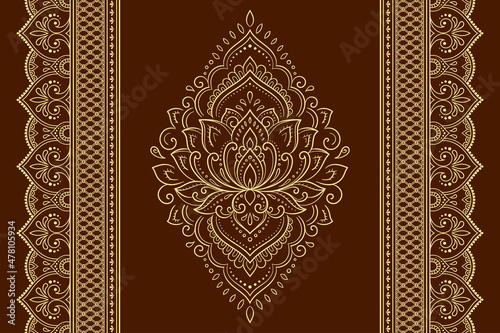 Seamless pattern of mehndi flower and border for Henna drawing and tattoo. Decorative doodle ornament in ethnic oriental, Indian style. Outline hand draw vector illustration. photo