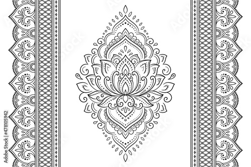 Seamless pattern of mehndi lotus flower and border for Henna drawing and tattoo. Decorative doodle ornament in ethnic oriental, Indian style. Outline hand draw vector illustration.