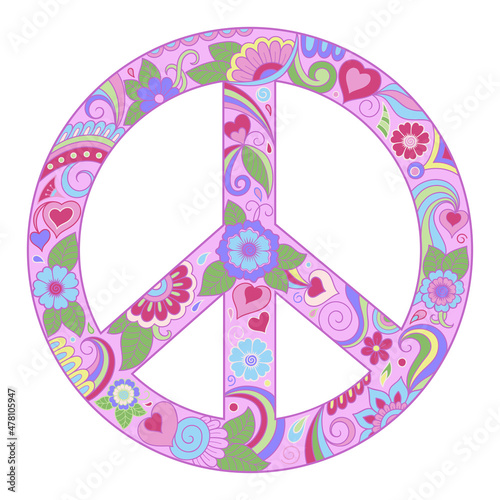 Pacific - bright, colored sign on white background. The symbol of the world is made of flowers. Hippie style. Retro sign of love, peace and pacifism performed hand-made in the style of doodle.