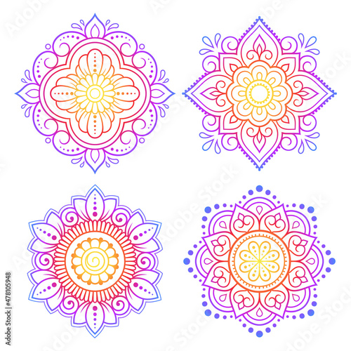 Wallpaper Mural Set of circular pattern in form of mandala with flower for Henna, Mehndi, decoration. Decorative ornament in ethnic oriental style. Rainbow design on white background. Vector illustration. Torontodigital.ca