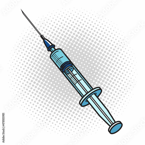 Syringe isolated on a white background. Vaccination concept. Comic pop art vector illustration.