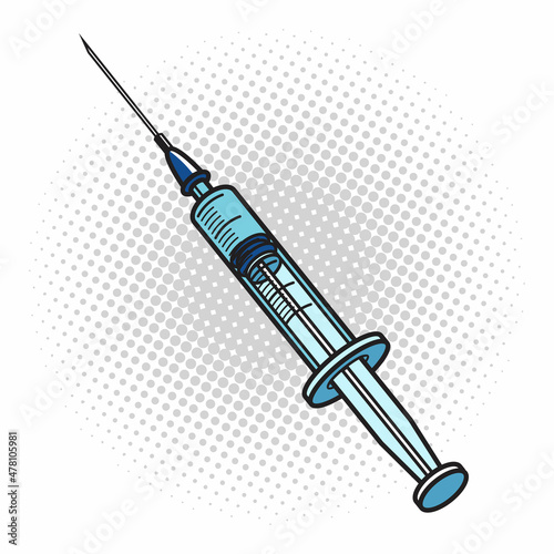 Syringe isolated on a white background. Vaccination concept. Comic pop art vector illustration.