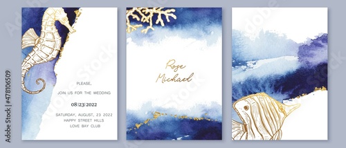 Set of wedding cards, invitation. Save the date sea style design. Blue, indigo watercolor wash.