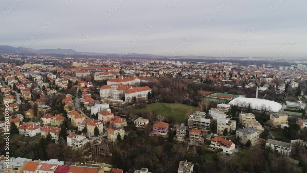 Historic Old Buildings On Zagreb Hillside, Croatia, Aerial Orbit Shot Historic Old Buildings On Zagreb Hillside, Croatia, Aerial Orbit Shot
