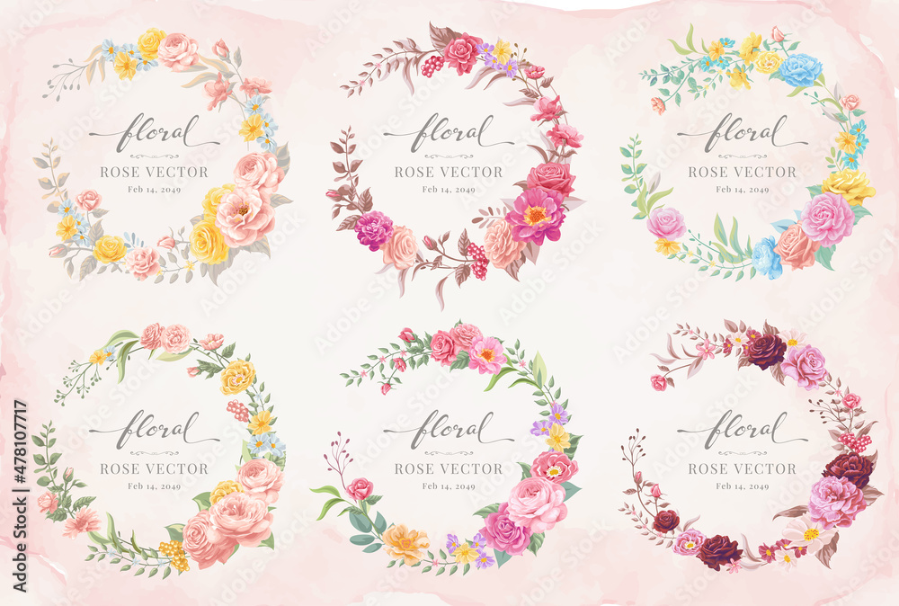 Collection set label Beautiful Rose Flower and botanical leaf digital painted illustration for love wedding valentines day or arrangement invitation design greeting card