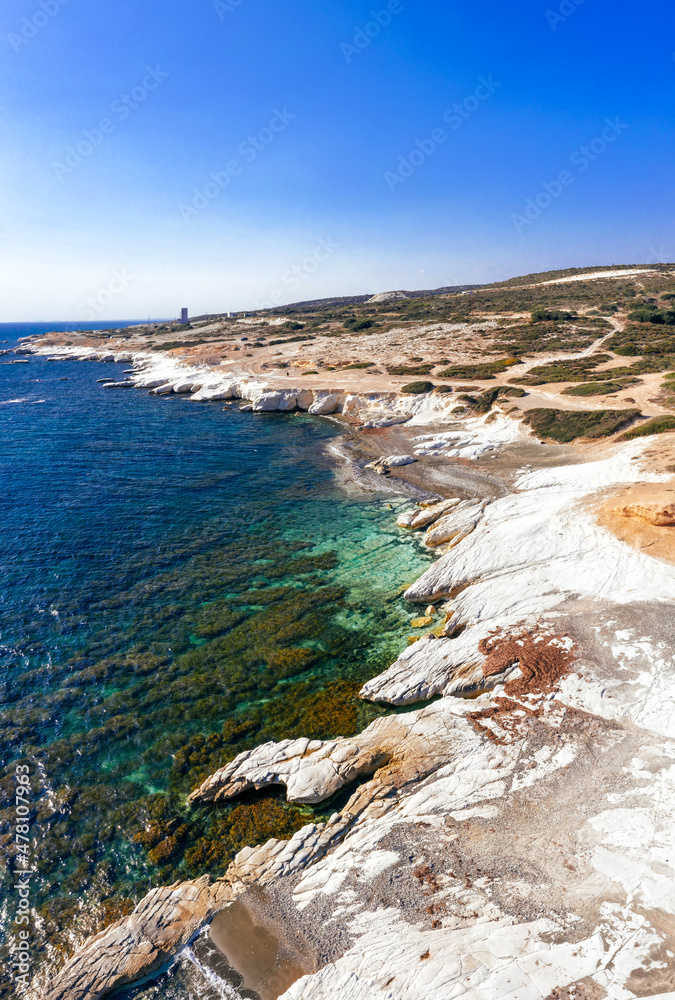 White rocky coast of Cyprus, aerial view
