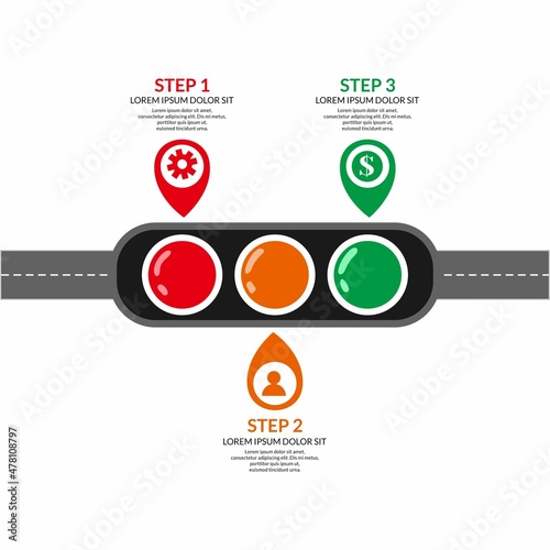 Infographic traffic light wth road background in Cartoon with symbol in yellow, red, and green color. stop, warning, and go sign, perfect for Illustration Vector Graphic presentation, campaign