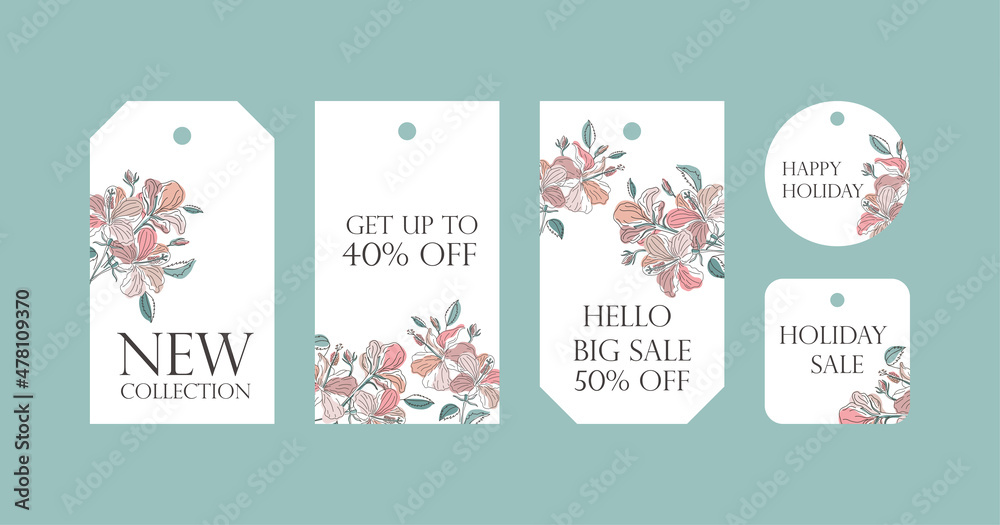 Set of five different tags with floral background. the design used hibiscus and gumamela flowers made in a line art style. Design for discount cards and sales.
