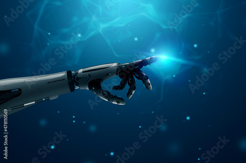 Fototapeta Naklejka Na Ścianę i Meble -  Android robot hand on blue futuristic background. Future Concept, Sci-fi Background, Artificial Intelligence, Automation, Modern Style. 3D rendering, 3D illustration.