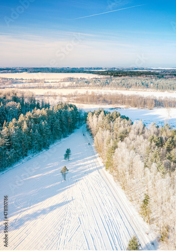 snow and frost in the field from drone, photo