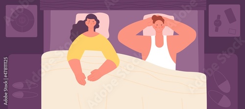 Insomnia problems. Sleeping man, tired couple in bed. Sleepless night, sick awake male and female. Sleep disorder, mental problems utter vector concept