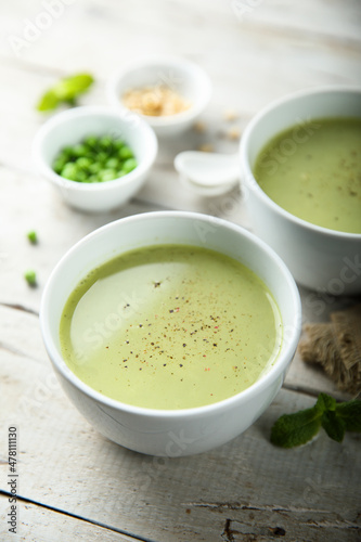 Healthy homemade green pea soup 