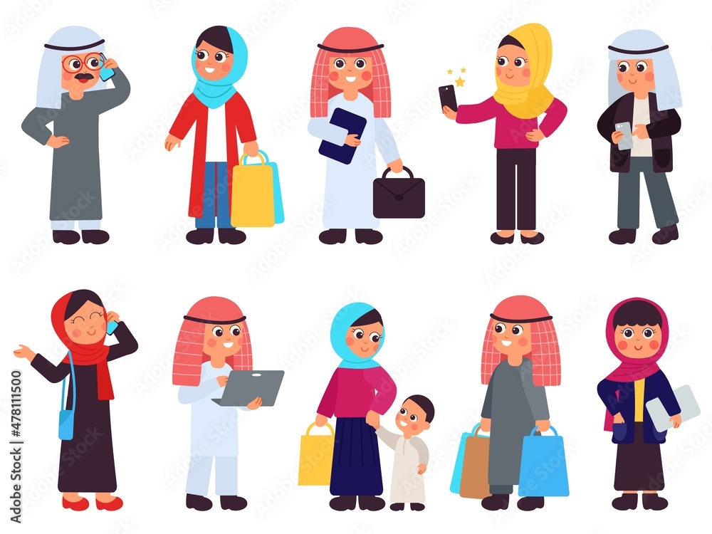 Muslim characters. Saudi women, casual arabian traditional people. Isolated cute arab man, islamic girls in hijab. Businesswoman decent vector set