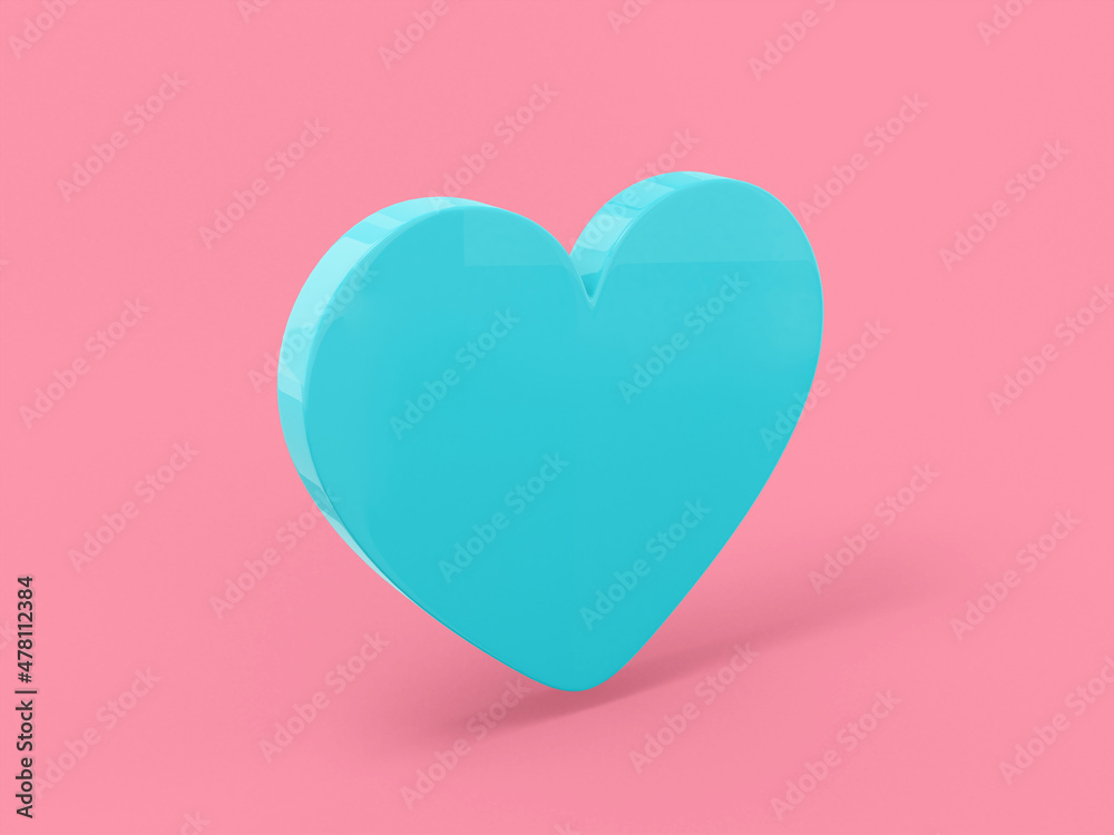 Flat blue one color heart on a pink solid background. Minimalistic design object. 3d rendering icon ui ux interface element.