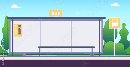 Bus stop. Urban public transport concept. Empty stopping in village or city. Waiting place for people, vector illustration