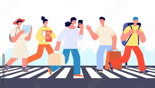 Crowd on crosswalk. People walking city street. Urban downtown, tourists, businessman and students characters, vector concept
