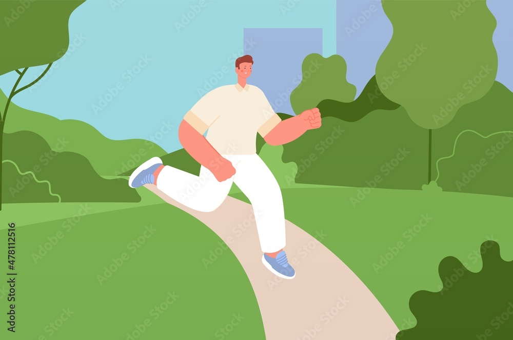 Man jog in park. Boy running outdoor, sport training on nature. Sporting concept, healthy lifestyle vector illustration