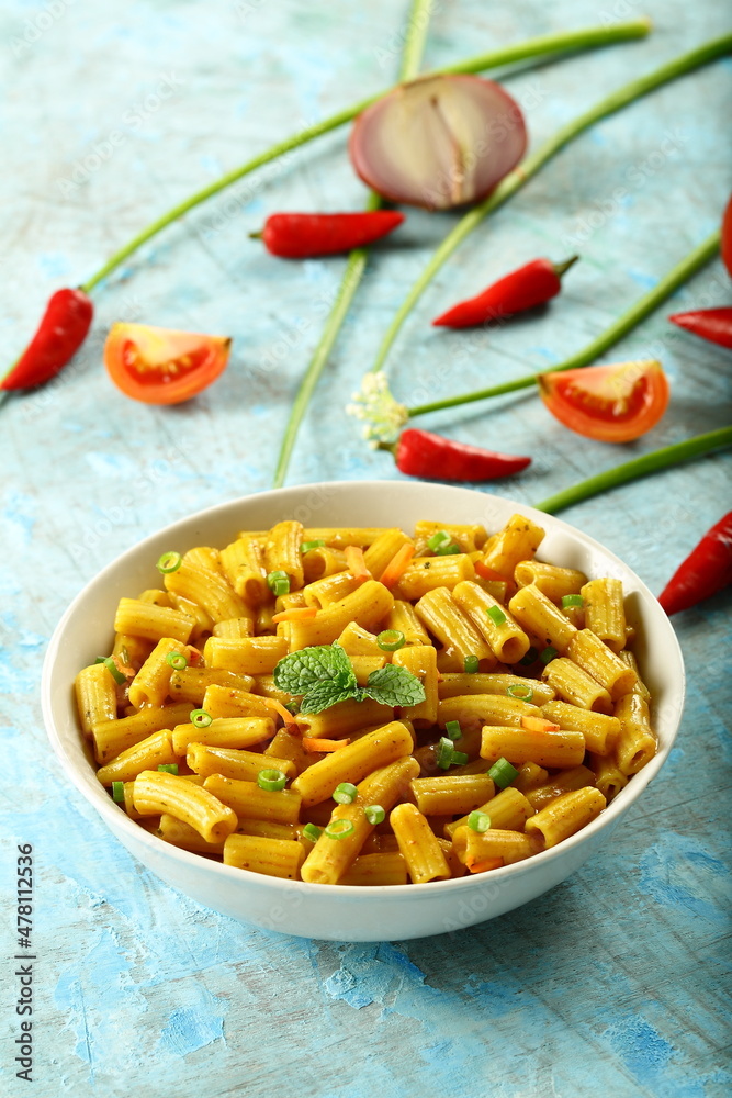 Bowl of healthy vegetarian meal- spicy cheese pasta penne. Bowl of healthy vegetarian meal- spicy cheese pasta penne.