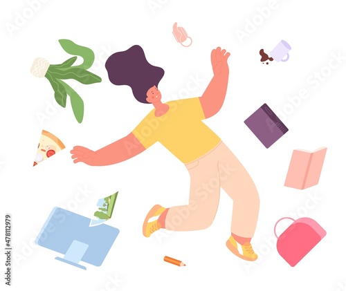 Woman falling down with different things. Female character fly, isolated girl fall with pizza, bag, book and computer, vector concept