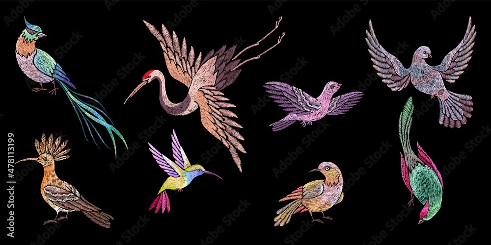 Fototapeta premium Embroidery birds. Stitch bird patches, embroidered oriental asian elements. Swallow, crane and hummingbird. Flying on wings, nowaday vector set