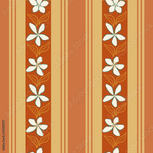 Jasmine flower and regent stripe vector seamless pattern background. Line art hand drawn flowers on parallel vertical thin and wide stripes. Ochre white floral botanical regency design repeat