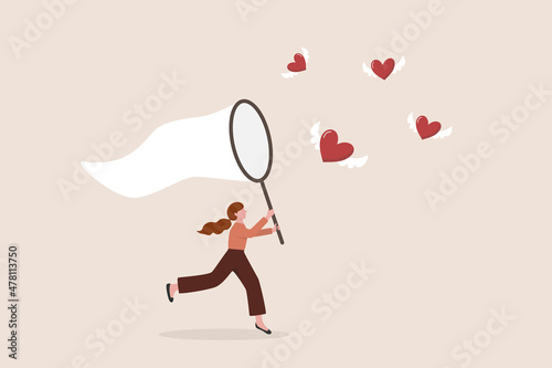 Searching for passion, motivation or work inspiration, finding relationship, romance dating, desire or aspiration concept, business woman using butterfly net to catch flying passionate lovely heart.