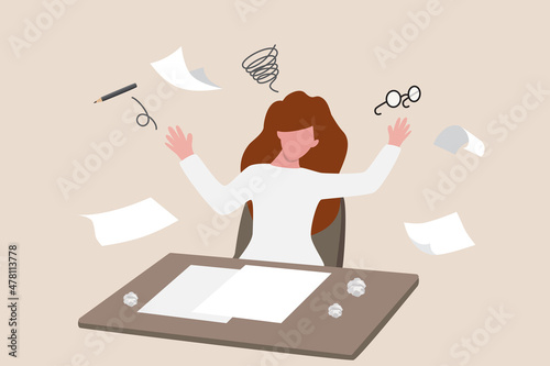 Stressed or anxiety from overload work, fatigue, burnout or exhausted from business problem, no idea concept, frustrated and nervous businesswoman worried about unfinished work on her desk.