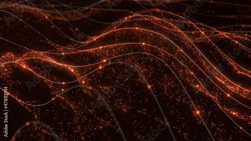 Abstract technological orange particle wave background concept. Transferring of server, big data, block chain, internet. Loop video. 3d rendering