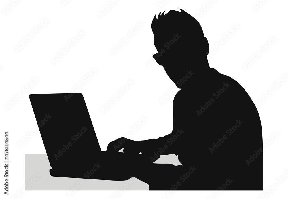 A Silhouette of a Man Sitting on An Office Chair and working on laptop with office table desk, office work, Work from home