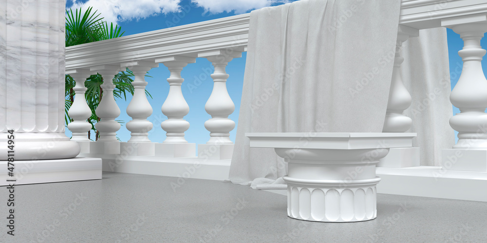 Fototapeta premium The capital stands on the stone floor like a pedistal for the presentation of the product. Elements of classical architecture capital, balustrade, column and drapery for the background.