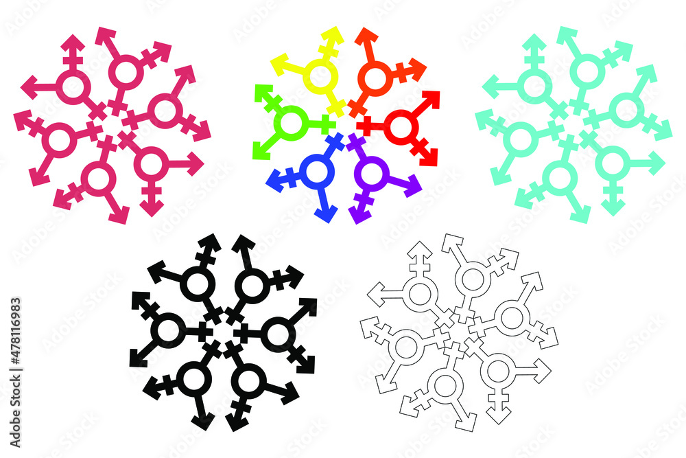 Set of snowflake from Transgender and LGBT symbols. Rainbow colors of a LGBT flag. Gender and sexual orientation. Outline and silhouette contours. Vector illustration design Set of snowflake from Transgender and LGBT symbols. Rainbow colors of a LGBT flag. Gender and sexual orientation. Outline and silhouette contours. Vector illustration design