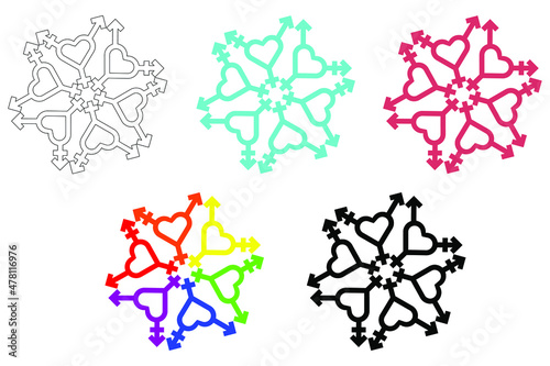 Snowflakes from Transgender and LGBT icon set. Heart shaped transgender symbol. LGBT rainbow colors. Colors symbol, outline and silhouette contours. Vector illustration design