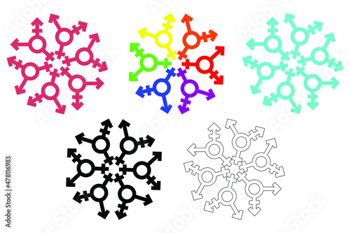 Set of snowflake from Transgender and LGBT symbols. Rainbow colors of a LGBT flag. Gender and sexual orientation. Outline and silhouette contours. Vector illustration design