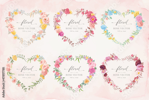 Collection set label heart shape Beautiful Rose Flower and botanical leaf digital painted illustration for love wedding valentines day or arrangement invitation design greeting card